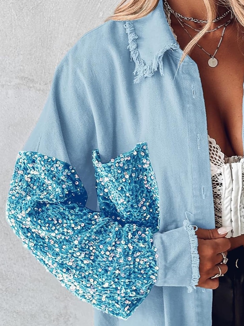 CHICME Oversized Sequin Denim Shacket Jacket Light Blue Raw Hem Button Front - Picture 3 of 10
